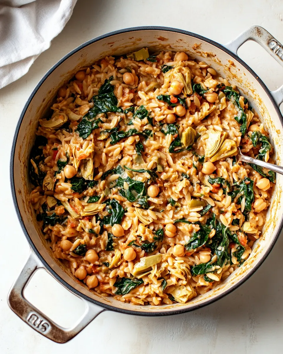 Easy One-Pot Spinach Artichoke Orzo with Chickpeas (Vegan) photo