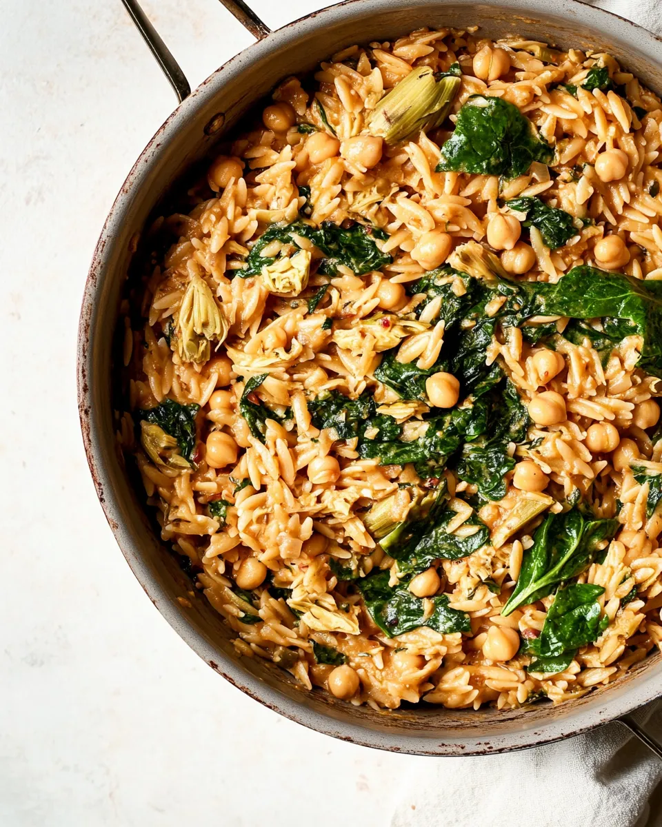 Delicious One-Pot Spinach Artichoke Orzo with Chickpeas (Vegan) image