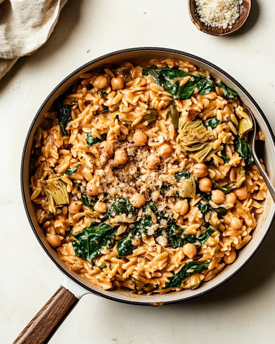 Healthy One-Pot Spinach Artichoke Orzo with Chickpeas (Vegan) recipe photo