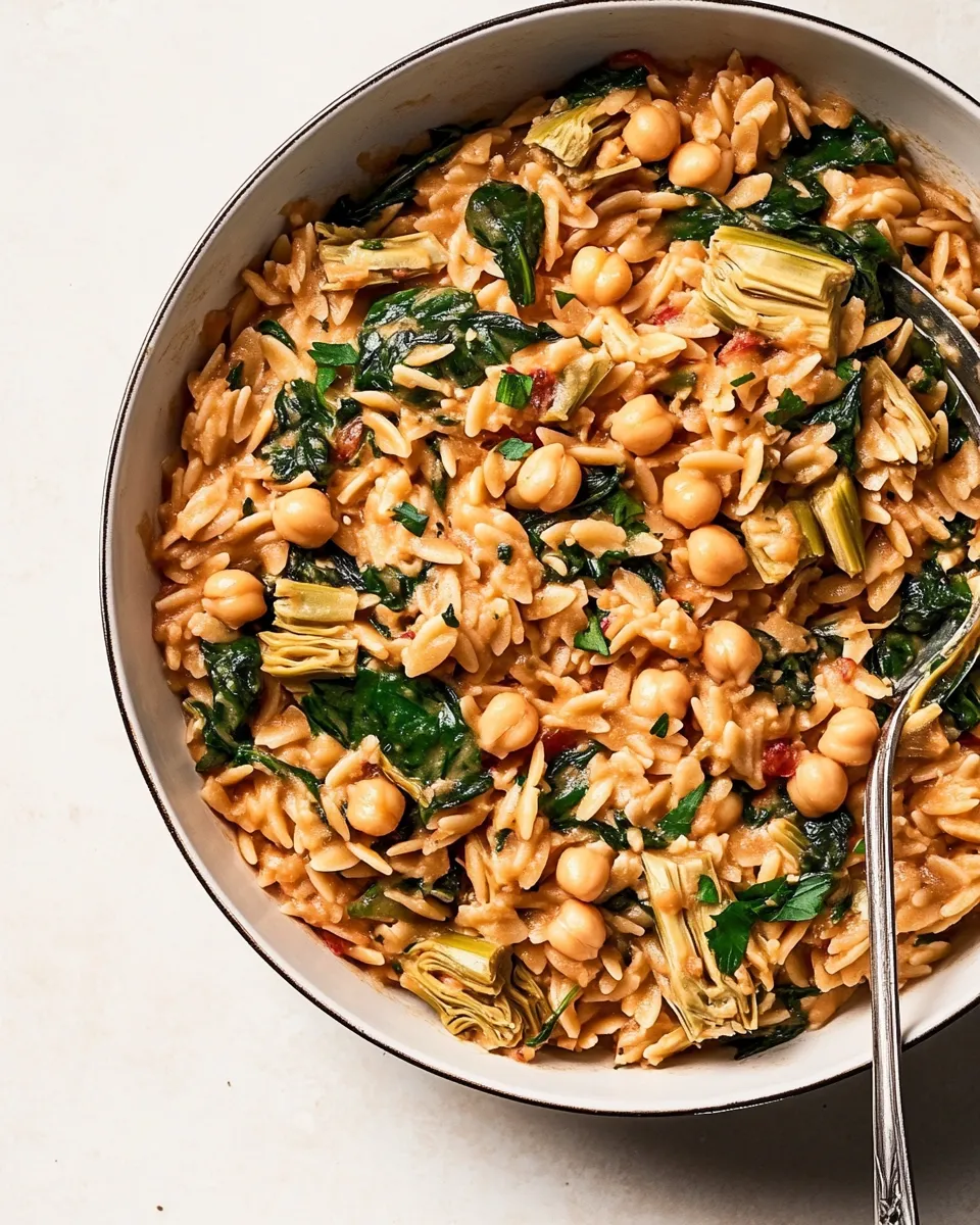 Quick One-Pot Spinach Artichoke Orzo with Chickpeas (Vegan) shot