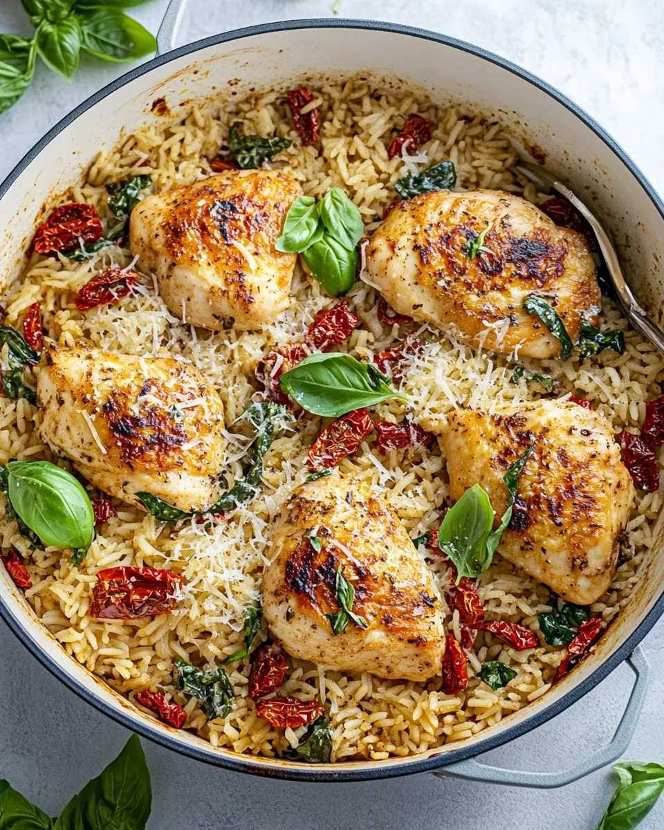 Homemade One Pan Chicken and Rice with Sun Dried Tomato, Parmesan and Basil recipe photo