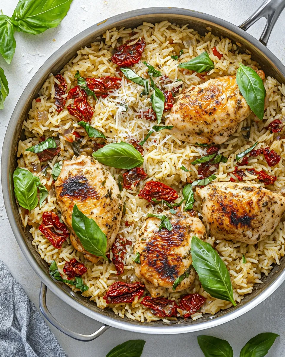 Classic One Pan Chicken and Rice with Sun Dried Tomato, Parmesan and Basil dish photo