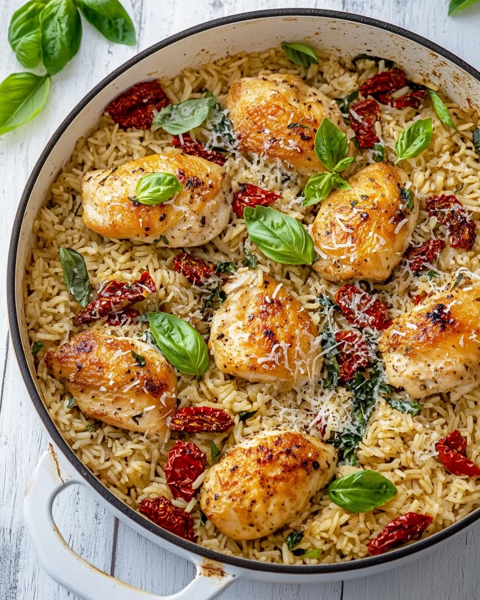 Easy One Pan Chicken and Rice with Sun Dried Tomato, Parmesan and Basil food shot