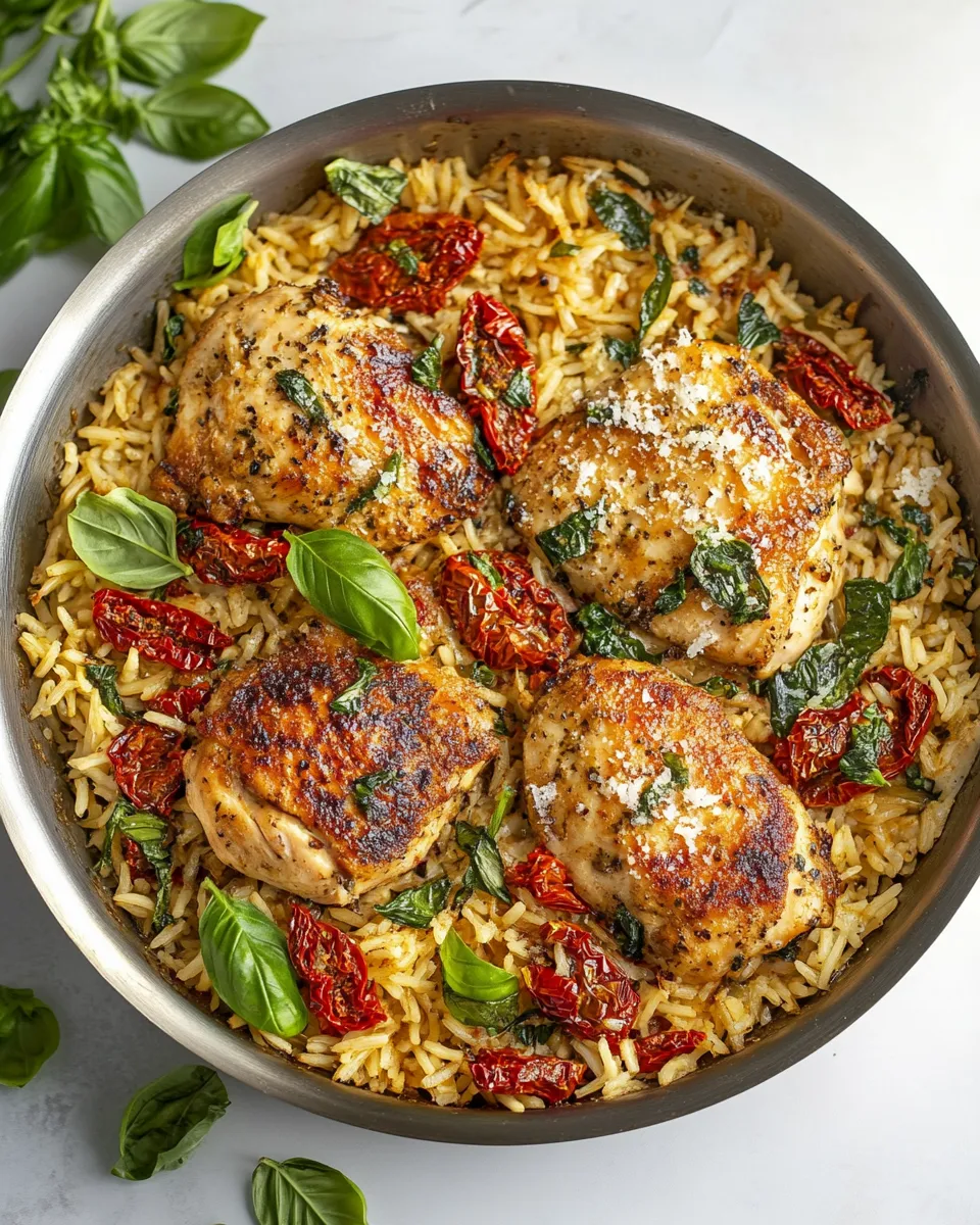 Delicious One Pan Chicken and Rice with Sun Dried Tomato, Parmesan and Basil plate image