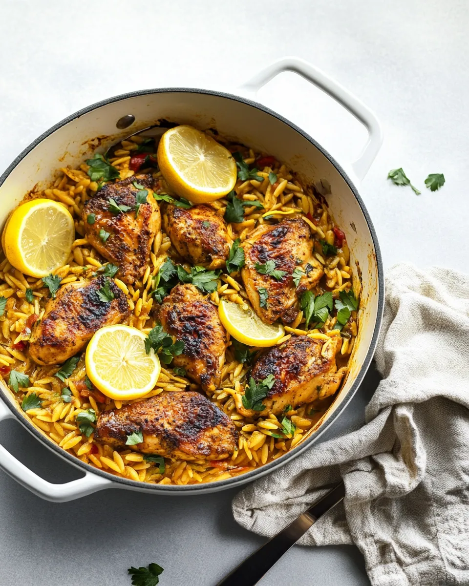 Savory One Pan Moroccan Lemon Chicken with Orzo shot