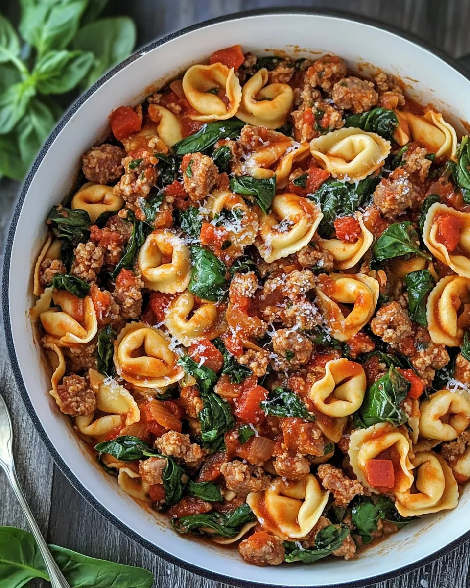 Healthy One Pan Turkey Sausage Spinach and Marinara Tortellini dish photo