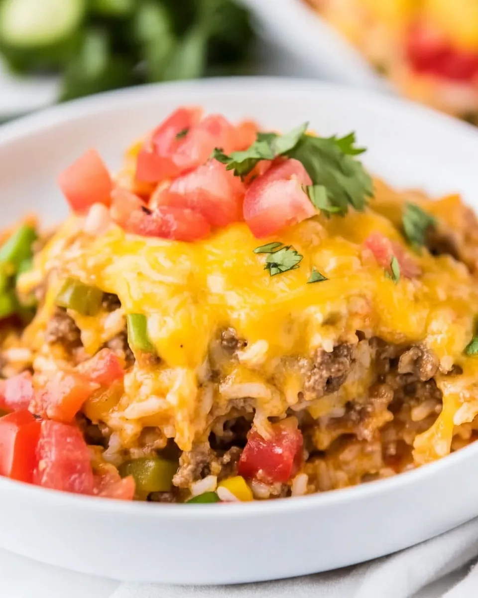 Delicious One Pot Cheesy Mexican Beef and Rice plate image