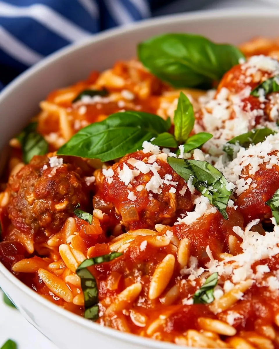 Savory One Pot Chicken Meatball Orzo dish photo