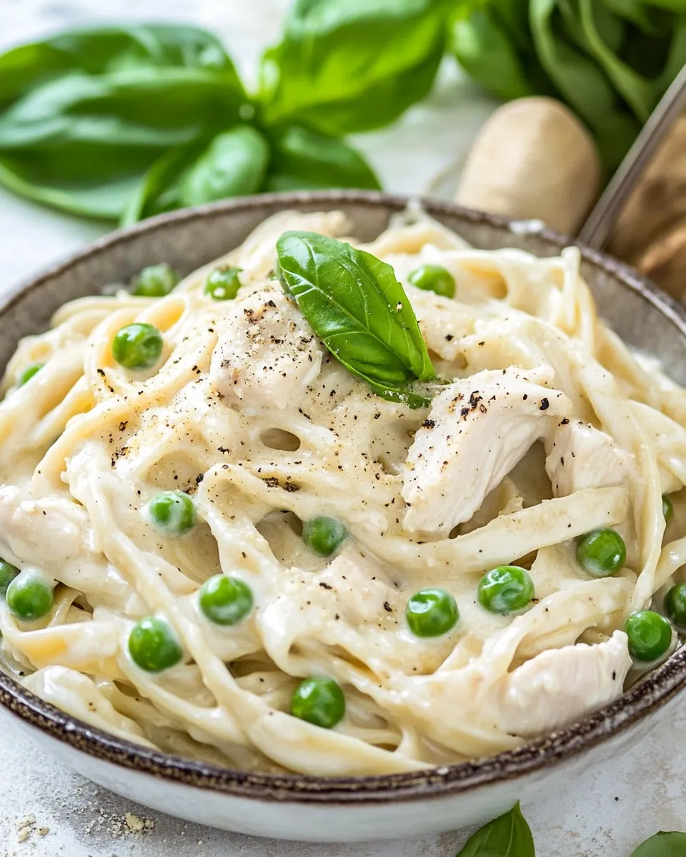 Quick One Pot Chicken and Peas Fettuccine Alfredo dish photo