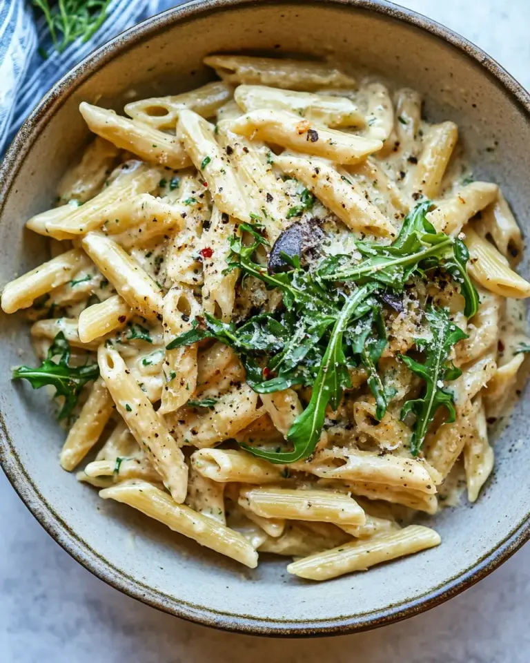 Healthy One Pot Creamy Penne Alfredo with Spicy Arugula. food shot