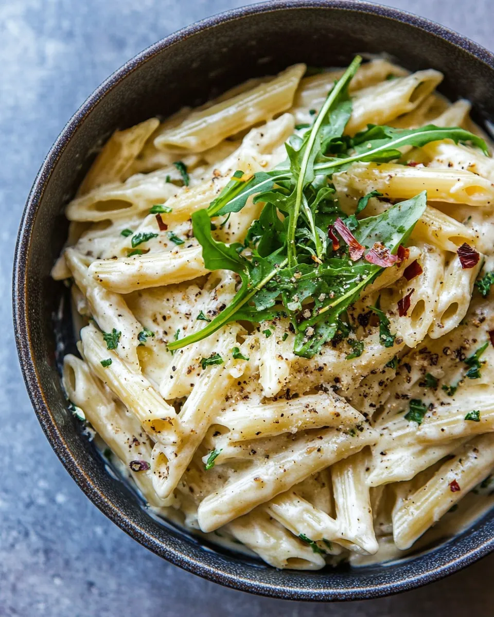 Delicious One Pot Creamy Penne Alfredo with Spicy Arugula. shot