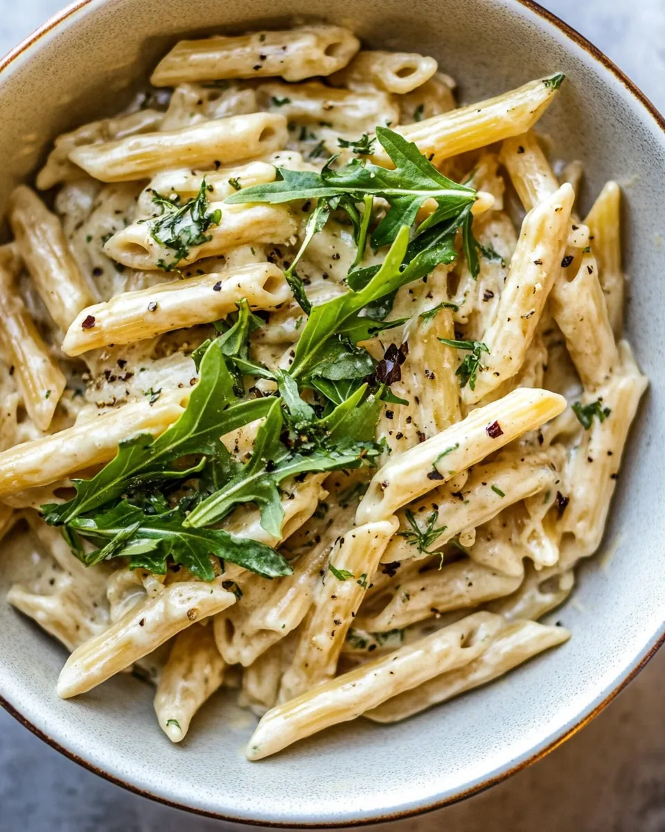 Best One Pot Creamy Penne Alfredo with Spicy Arugula. recipe image