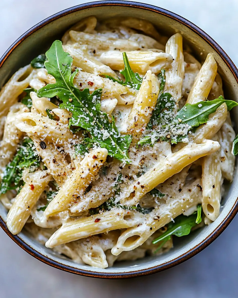 Fresh One Pot Creamy Penne Alfredo with Spicy Arugula. food shot