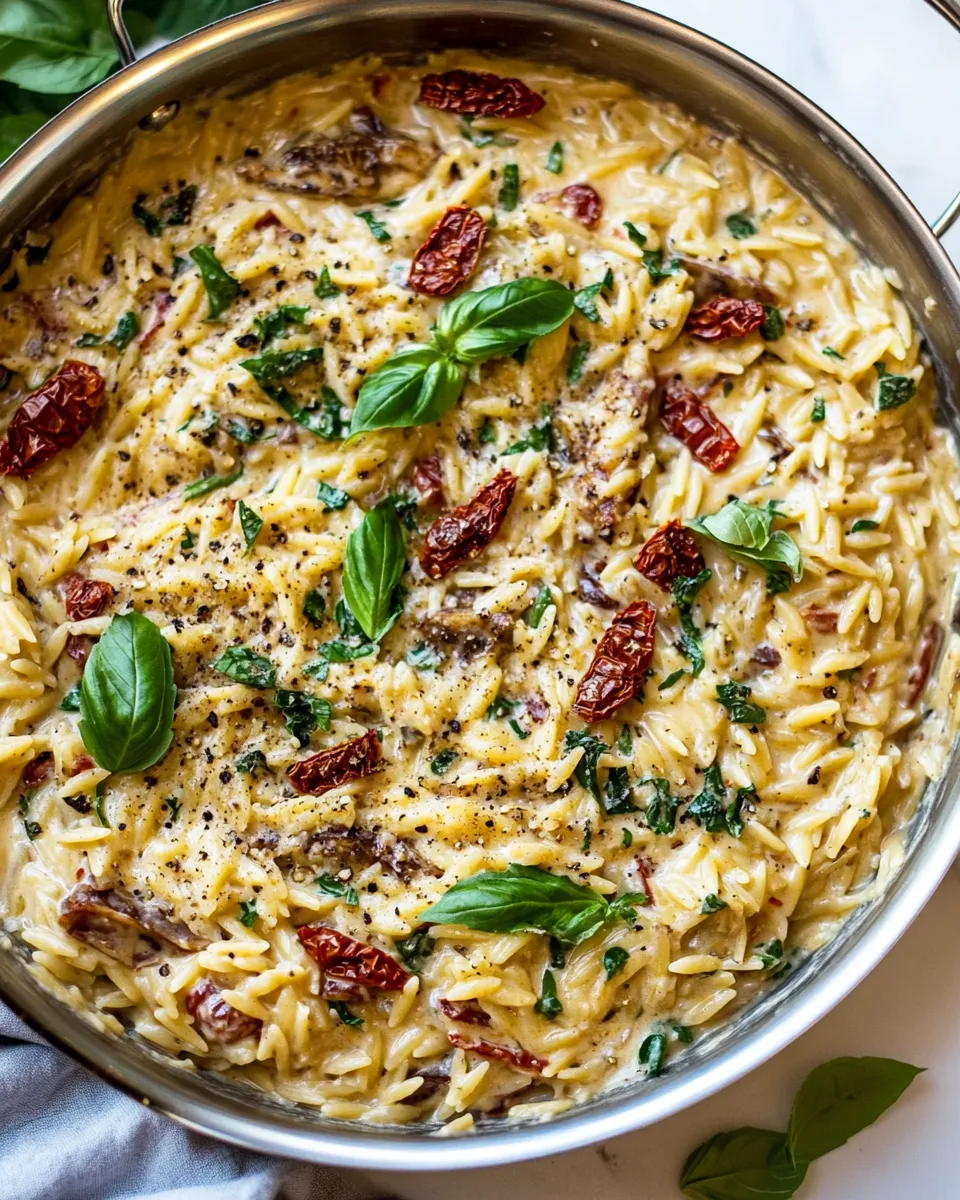 Classic One Pot Creamy Sun-Dried Tomato Orzo. photo