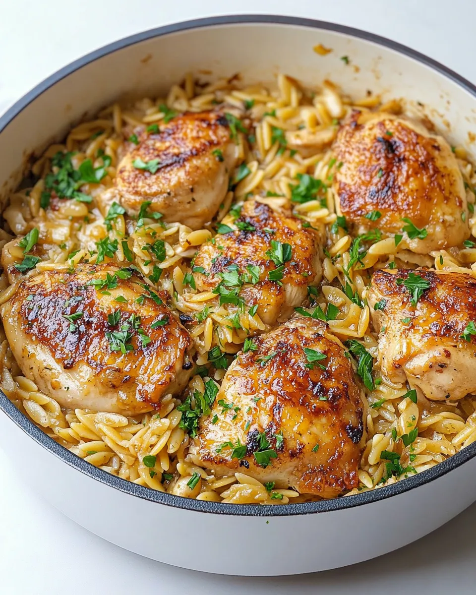 Sweet One Pot Garlic Butter Chicken Orzo. food shot