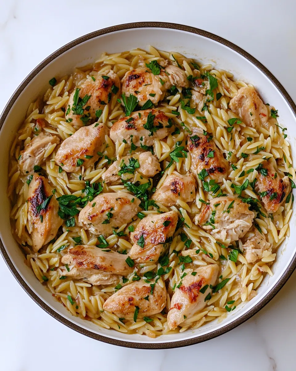 Delicious One Pot Garlic Butter Chicken Orzo. food shot