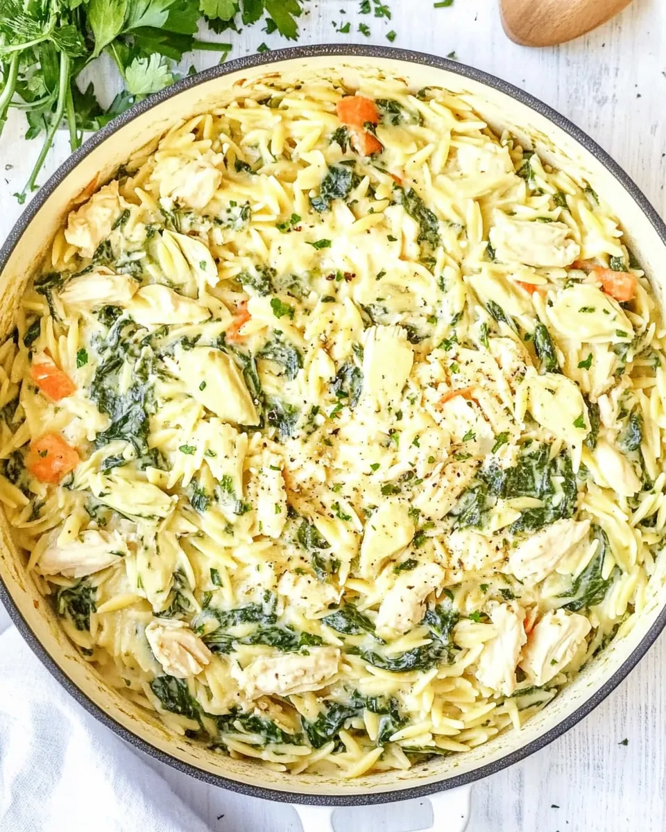 Delicious One Pot Spinach Artichoke Chicken Orzo image