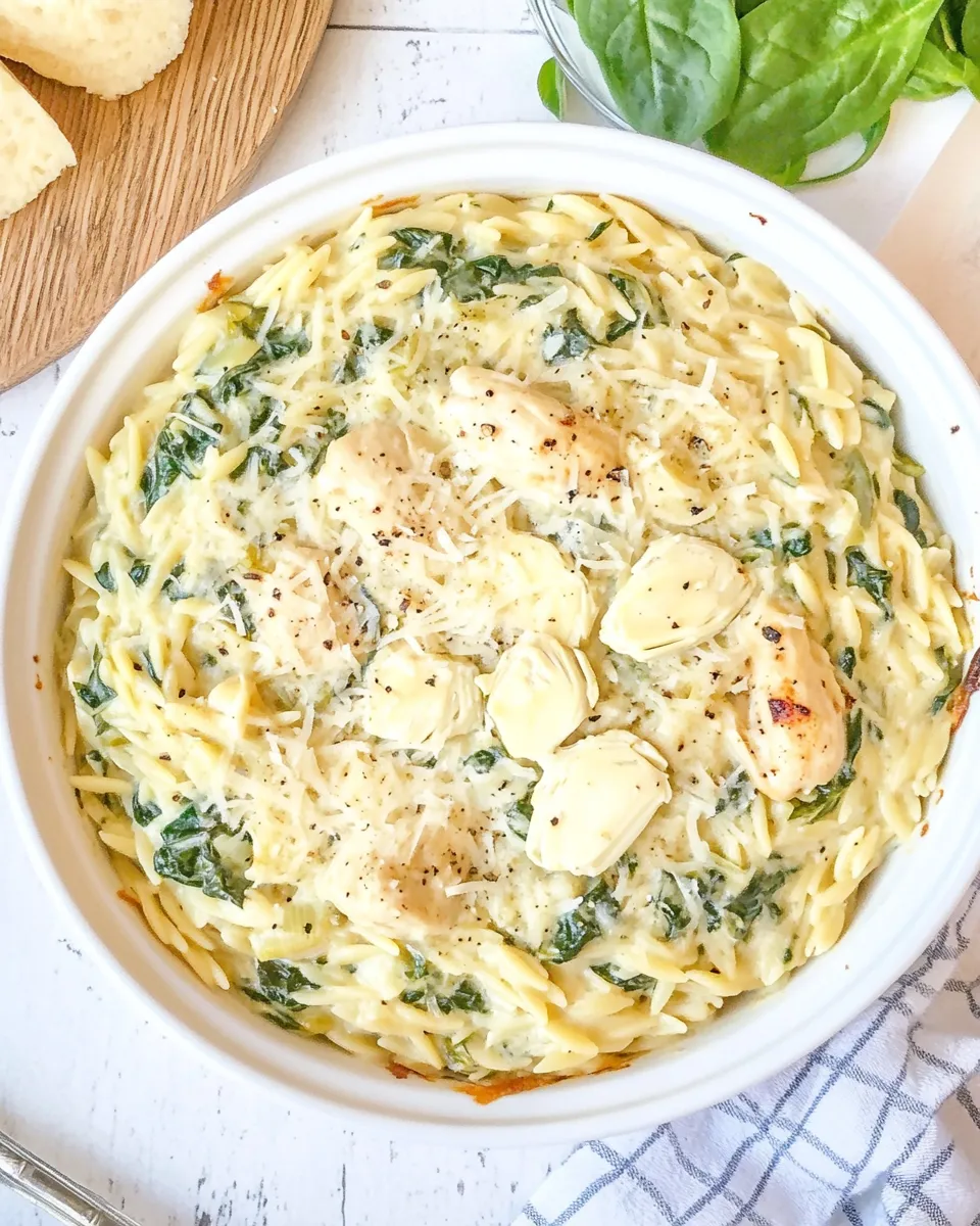Quick One Pot Spinach Artichoke Chicken Orzo shot