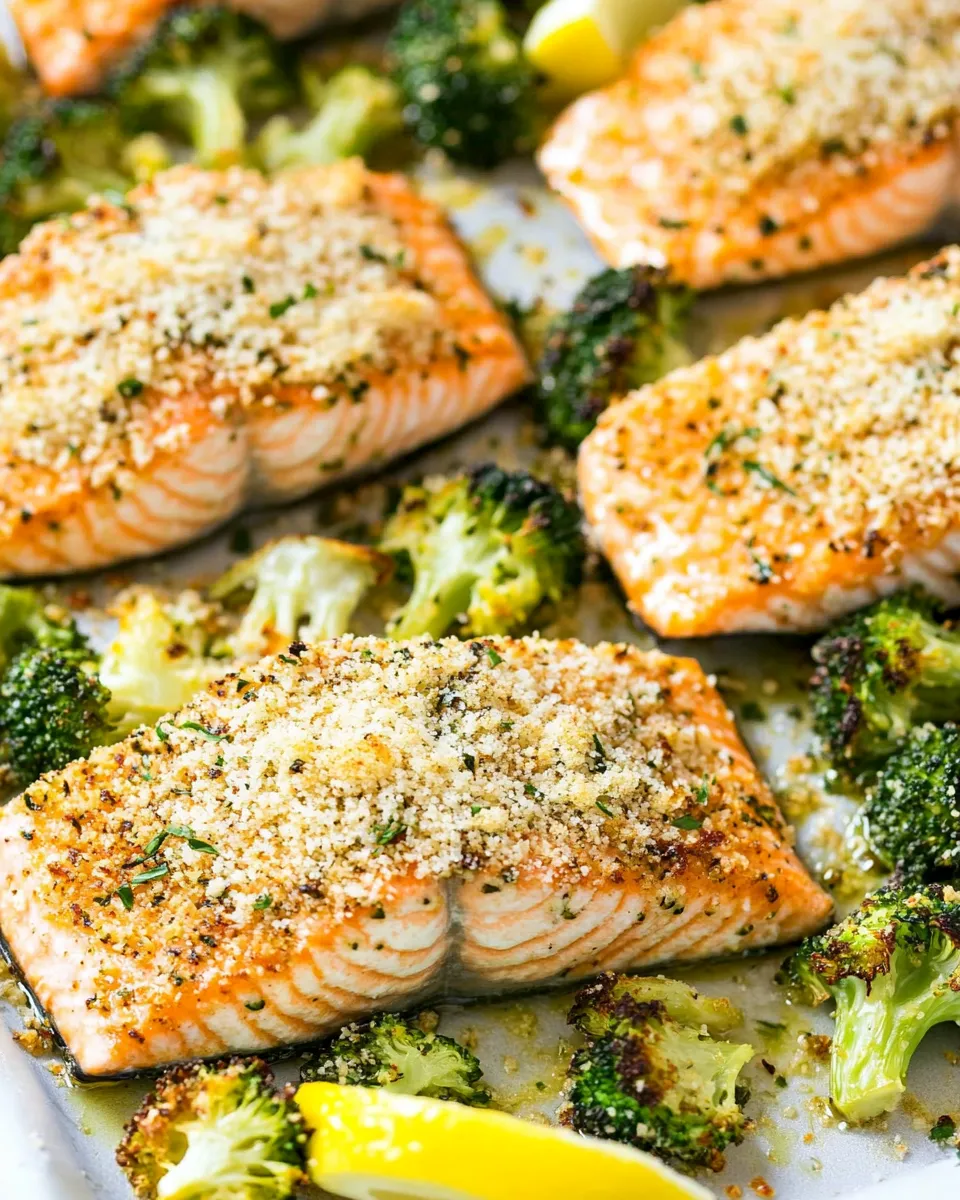Delicious One Sheet Pan Parmesan Crusted Salmon with Roasted Broccoli image