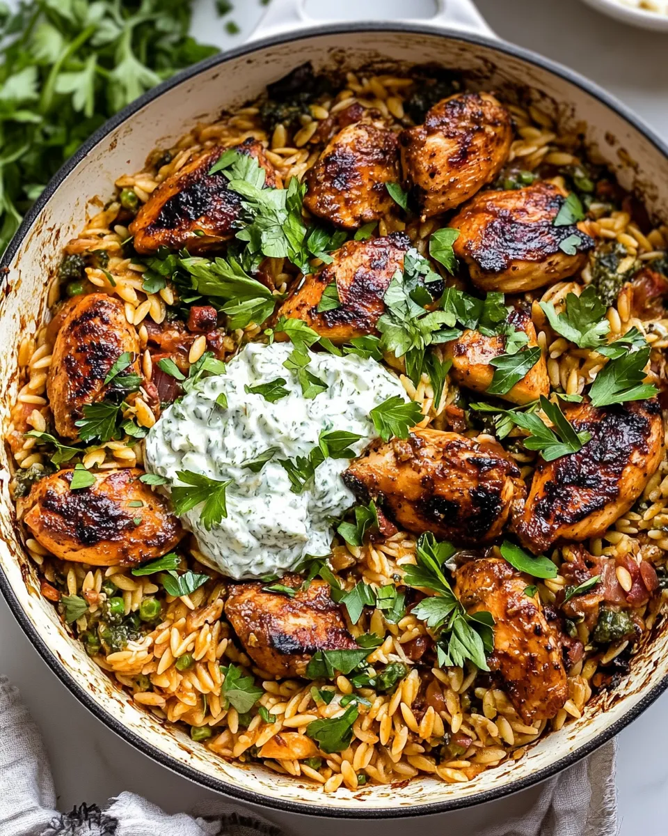 Classic One Skillet Chicken Tzatziki and Orzo. recipe photo