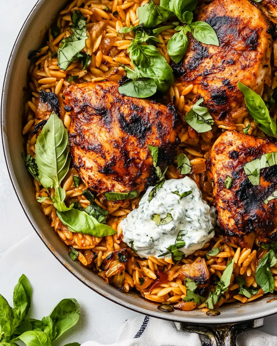 Simple One Skillet Chicken Tzatziki and Orzo. shot
