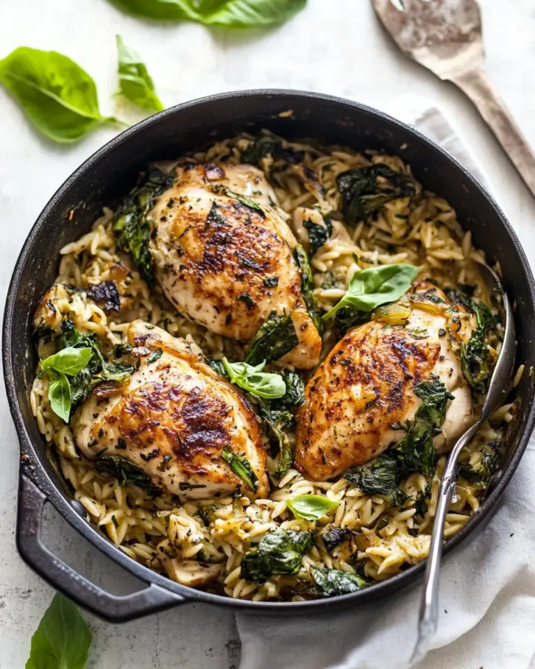 Delicious One Skillet Goat Cheese Stuffed Chicken and Orzo. image