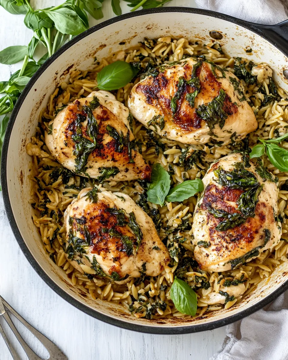 Delicious One Skillet Goat Cheese Stuffed Chicken and Orzo. recipe photo