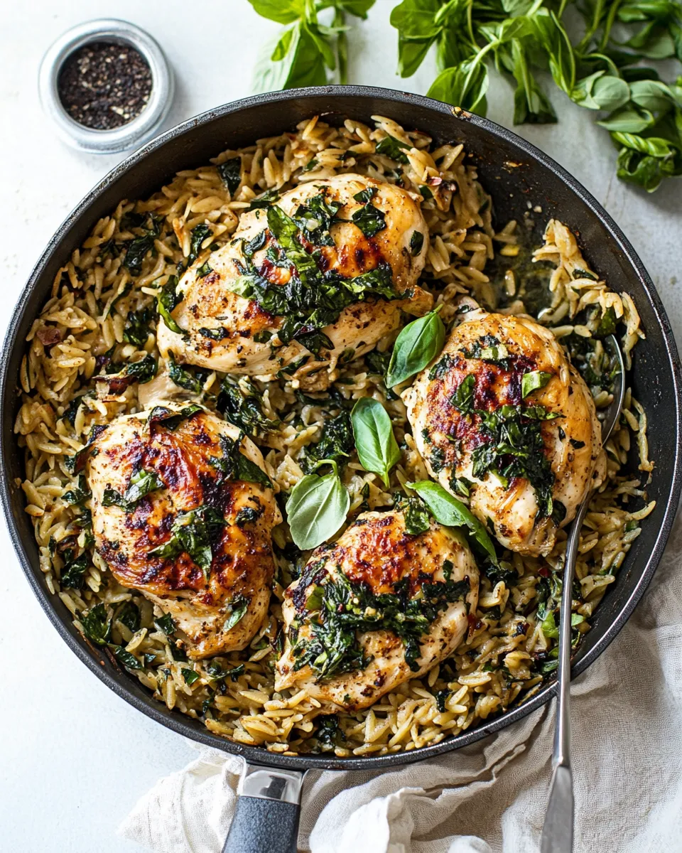 Classic One Skillet Goat Cheese Stuffed Chicken and Orzo. shot