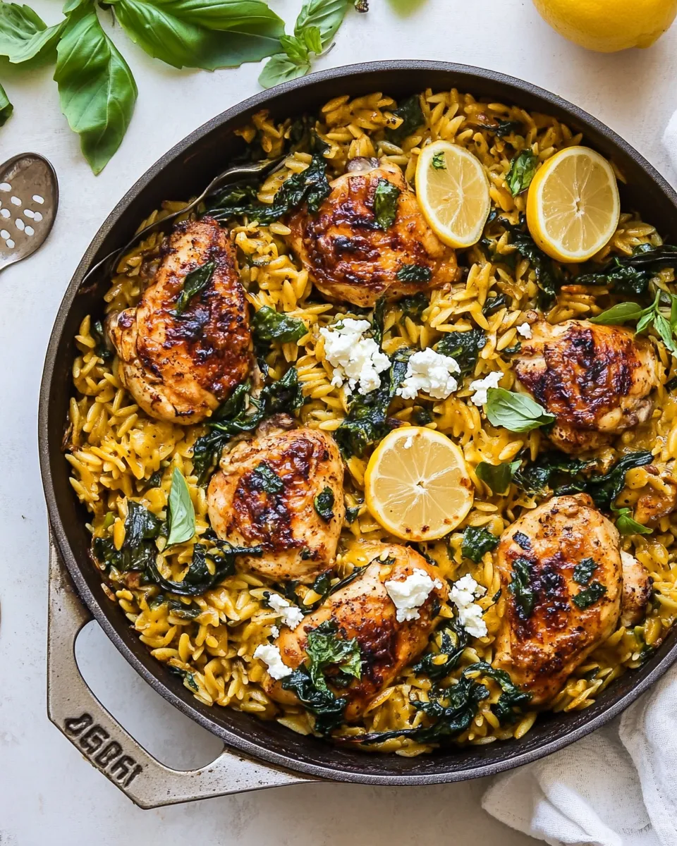 Delicious One Skillet Lemon Butter Dijon Chicken and Orzo with Feta Sauce. picture