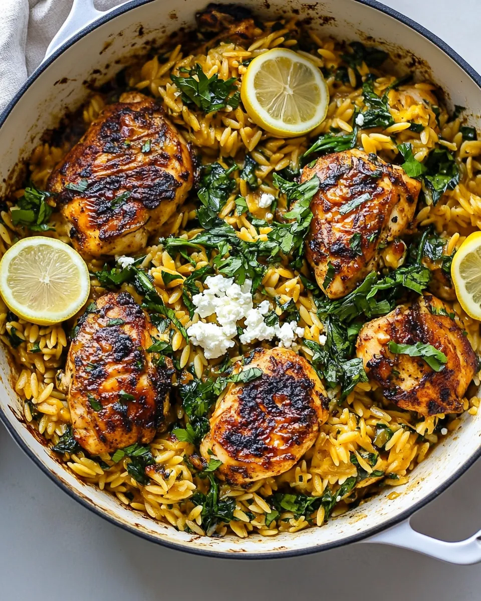 Healthy One Skillet Lemon Butter Dijon Chicken and Orzo with Feta Sauce. recipe image