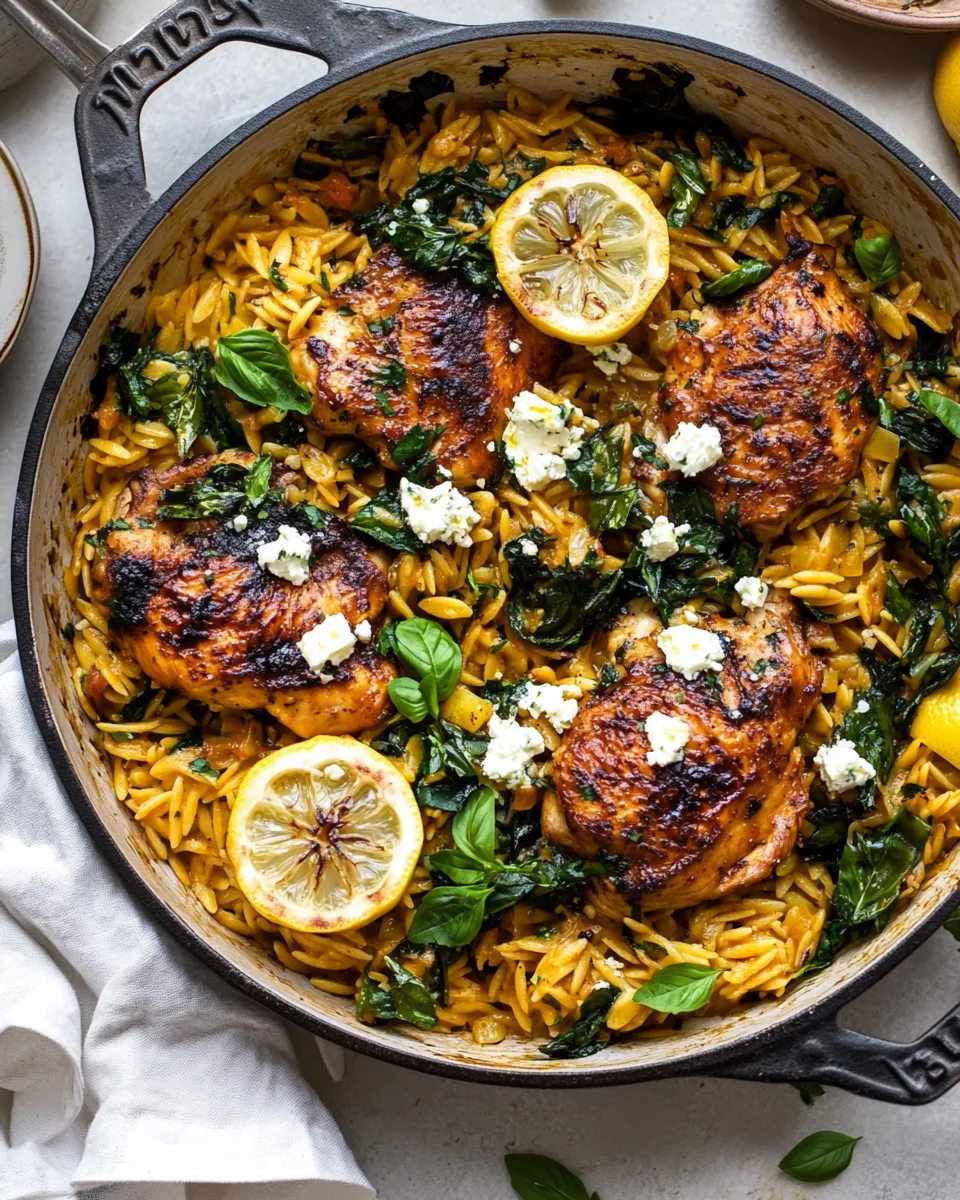 Classic One Skillet Lemon Butter Dijon Chicken and Orzo with Feta Sauce. recipe image