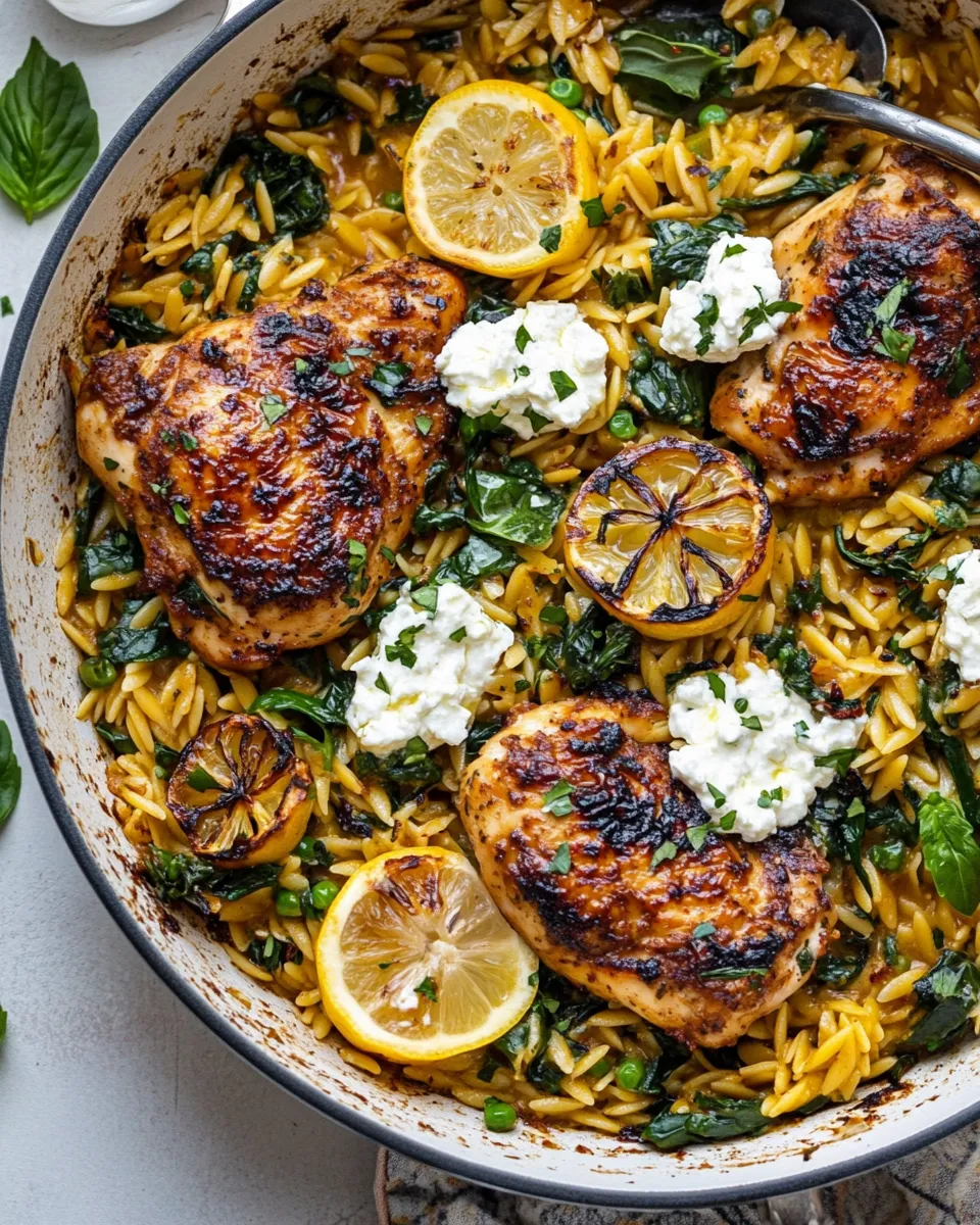 Healthy One Skillet Lemon Butter Dijon Chicken and Orzo with Feta Sauce. shot