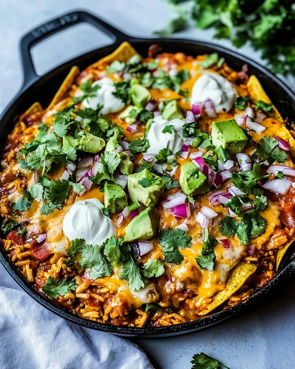 Homemade One Skillet Saucy Chicken Tortilla Enchilada Rice Bake. picture