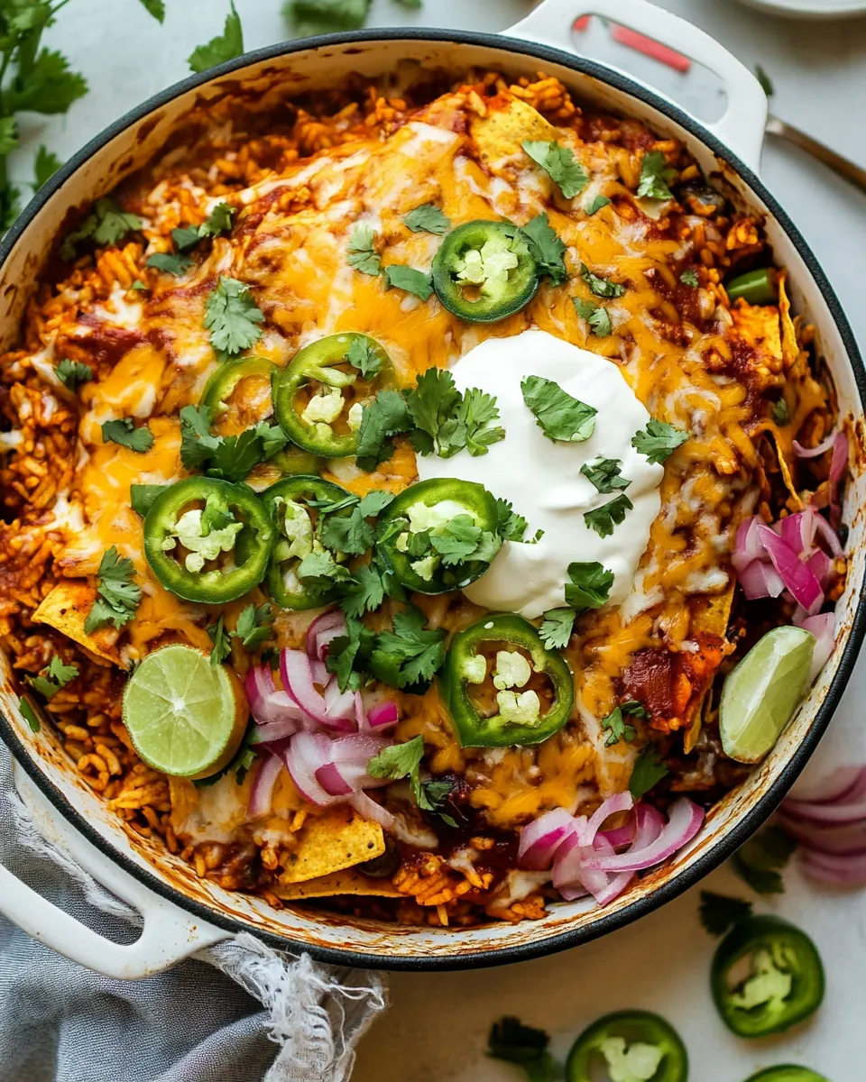 Easy One Skillet Saucy Chicken Tortilla Enchilada Rice Bake. food shot