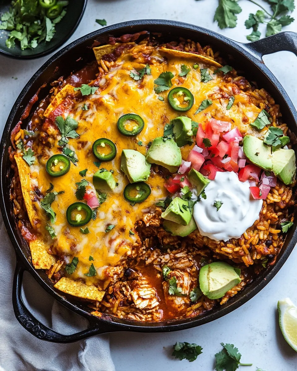 Quick One Skillet Saucy Chicken Tortilla Enchilada Rice Bake. food shot