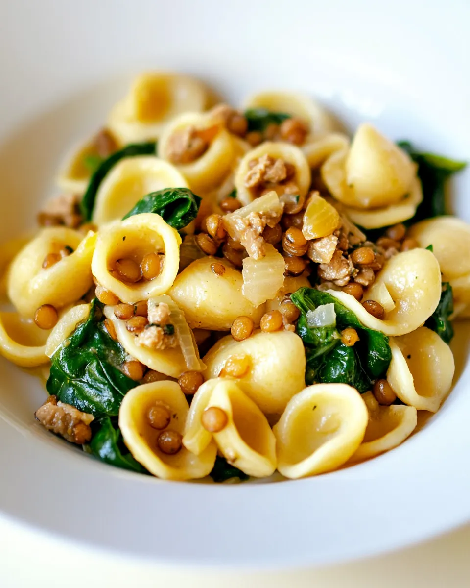 Easy Orecchiette with Lentils, Onions, and Spinach recipe photo