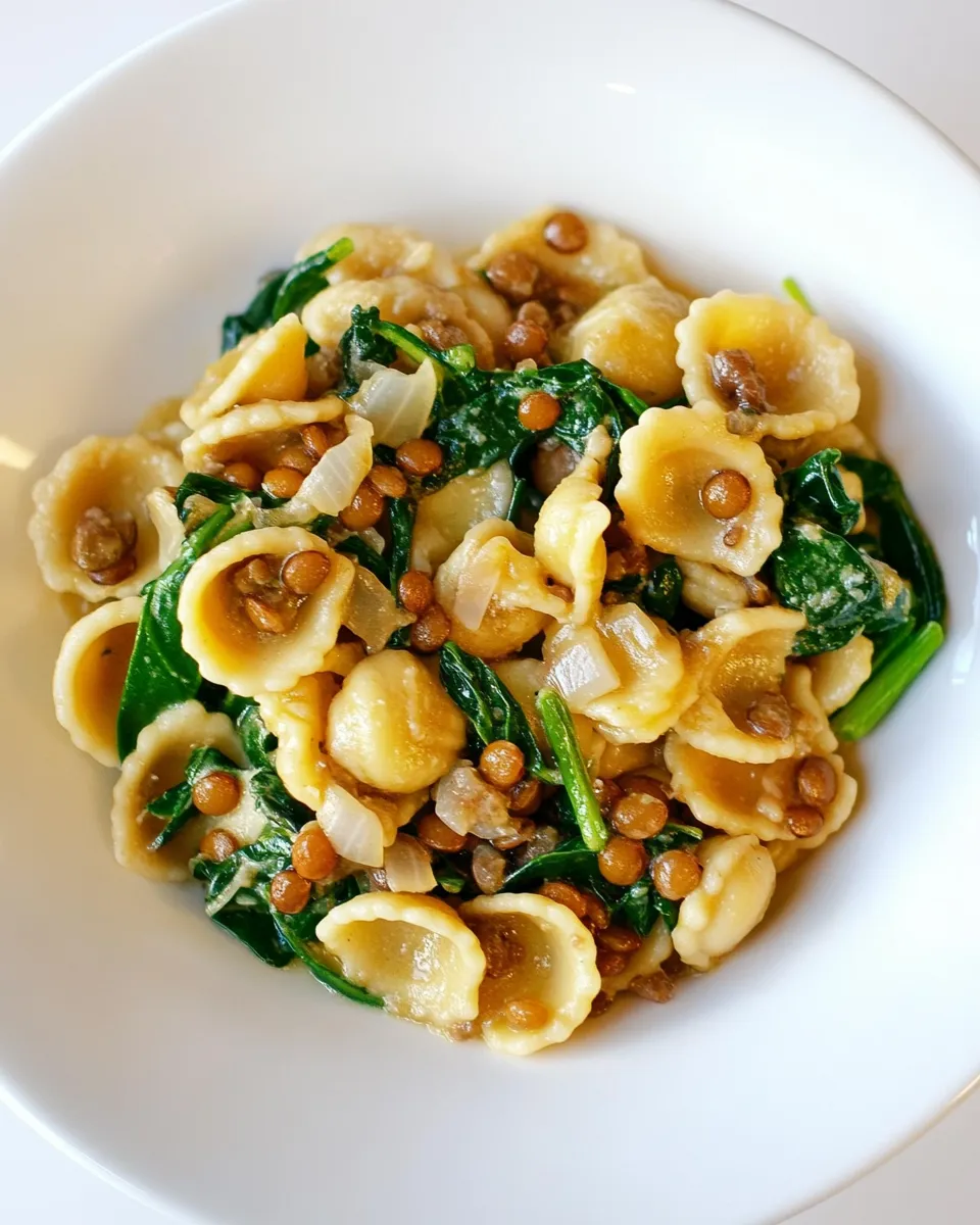 Delicious Orecchiette with Lentils, Onions, and Spinach shot