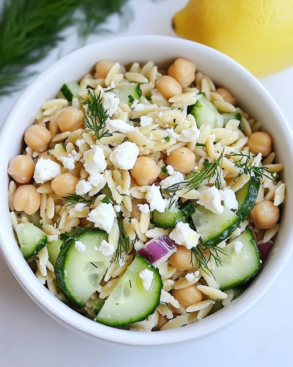 Homemade Orzo Salad with Chickpeas, Cucumbers, Lemon, Dill, & Feta photo