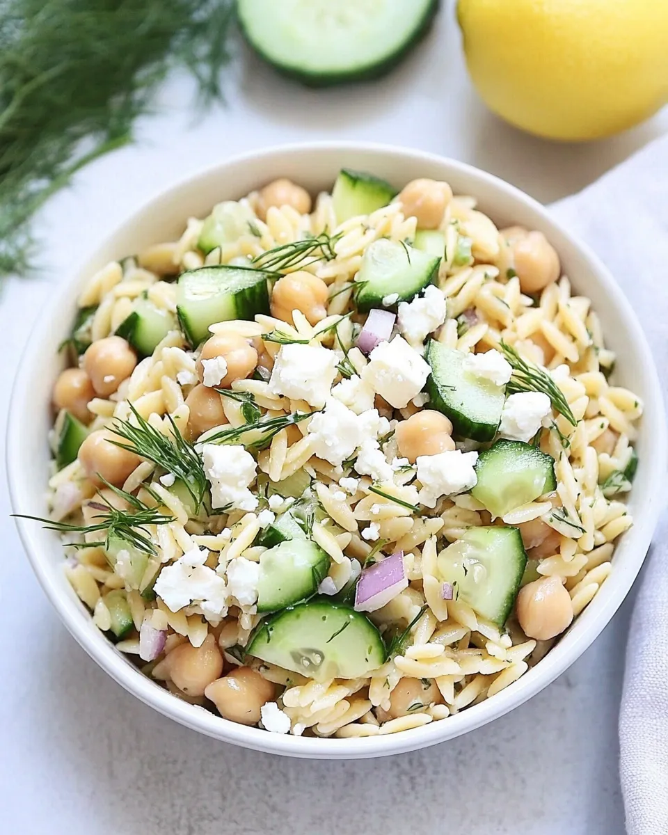 Easy Orzo Salad with Chickpeas, Cucumbers, Lemon, Dill, & Feta recipe photo