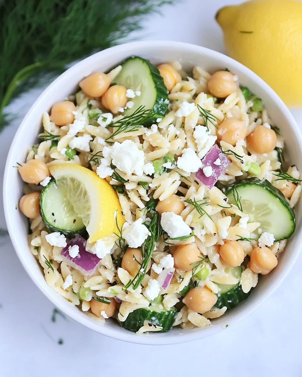 Delicious Orzo Salad with Chickpeas, Cucumbers, Lemon, Dill, & Feta shot