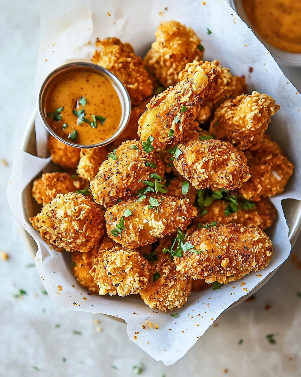 Perfect Oven Fried Cajun Popcorn Chicken with Creamy Honey Mustard. recipe image