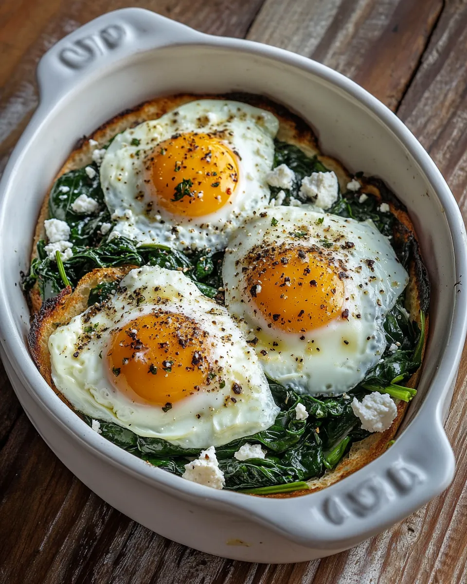 Homemade Over Easy Eggs with Spinach and Creamed Feta photo