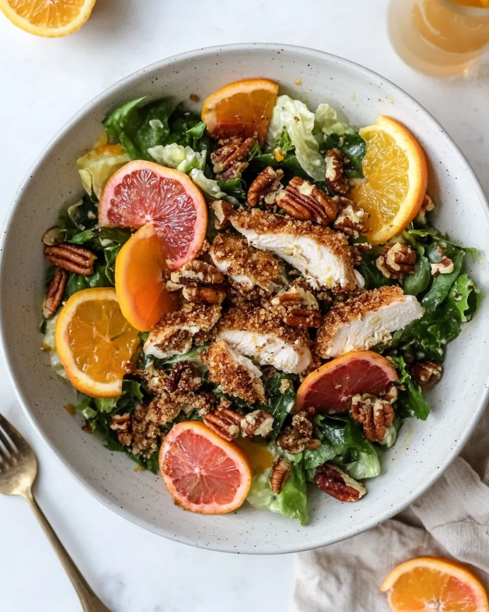 Ultimate Pecan Crusted Chicken Salad with Triple Citrus Vinaigrette. shot