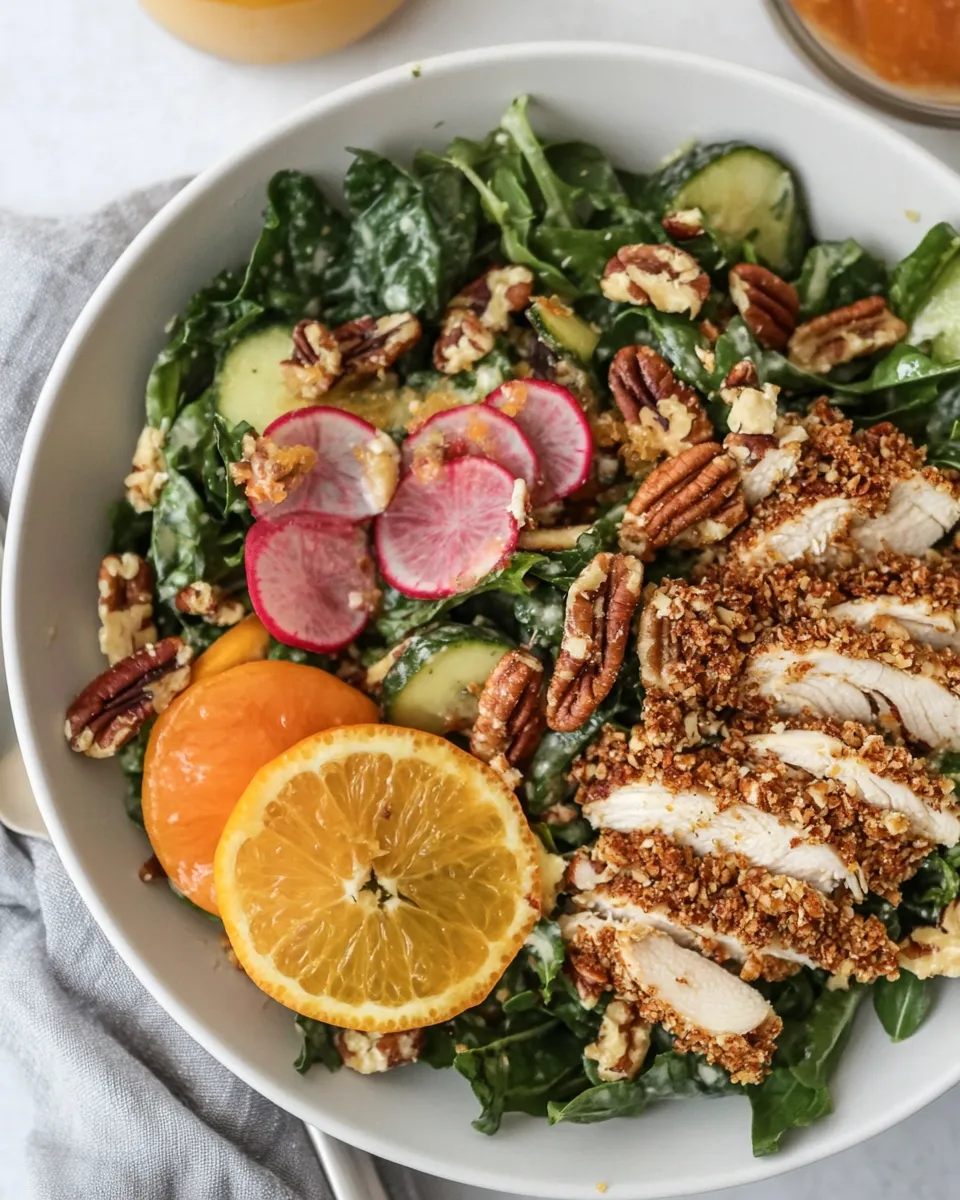 Sweet Pecan Crusted Chicken Salad with Triple Citrus Vinaigrette. recipe image