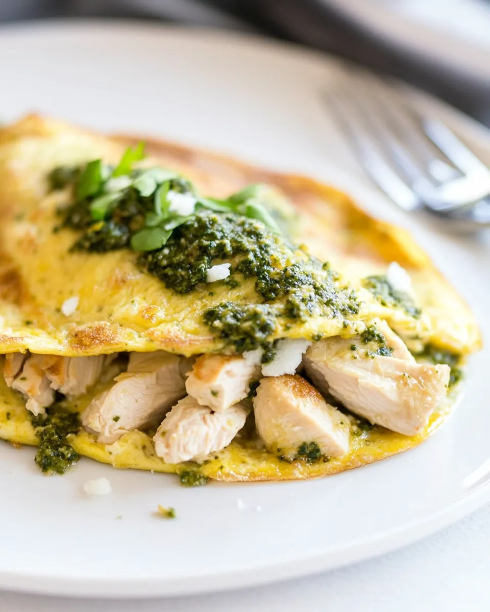 Delicious Pesto Chicken Omelette food shot