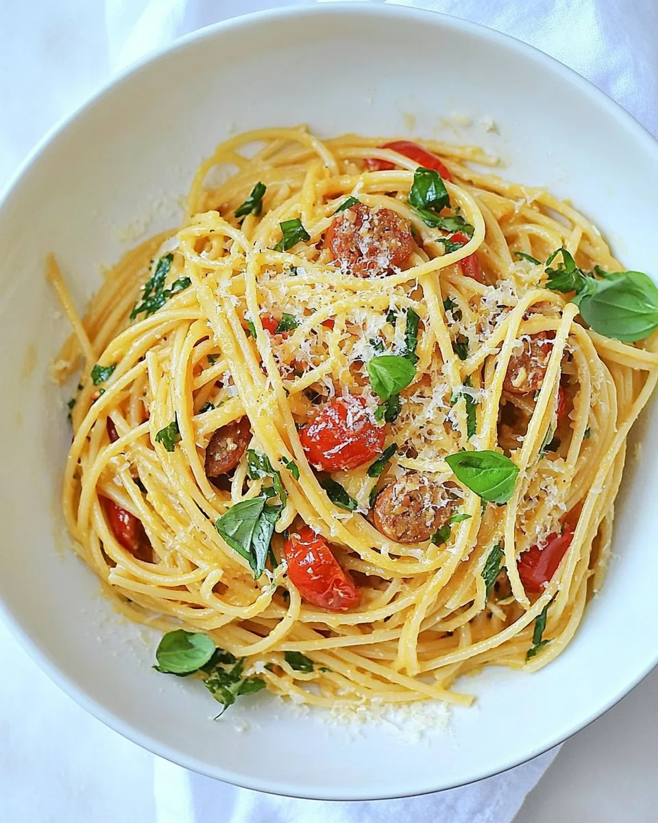 Delicious Red Pepper Garlic Chicken Sausage Pasta shot