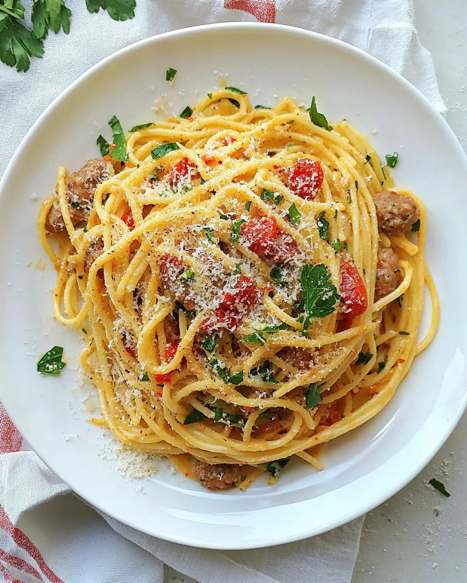 Easy Red Pepper Garlic Chicken Sausage Pasta dish photo