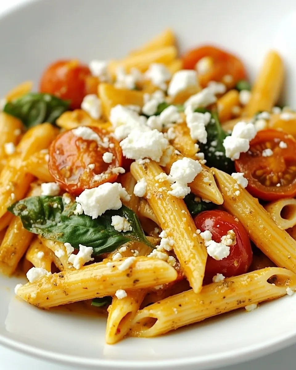 Homemade Red Pesto Penne with Roasted Cherry Tomatoes and Goat Cheese photo