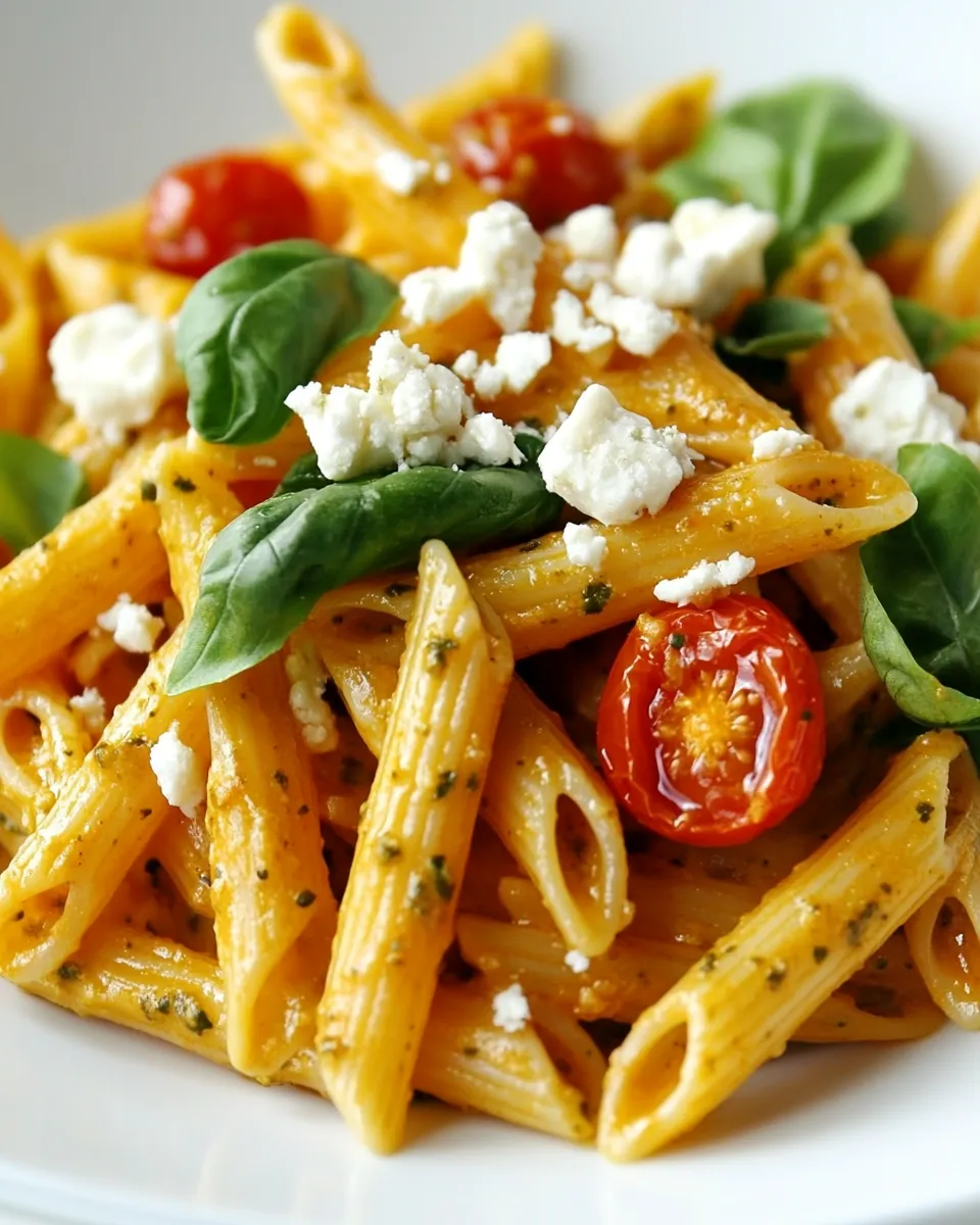 Easy Red Pesto Penne with Roasted Cherry Tomatoes and Goat Cheese recipe photo