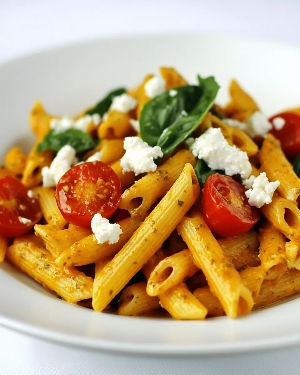 Savory Red Pesto Penne with Roasted Cherry Tomatoes and Goat Cheese dish photo